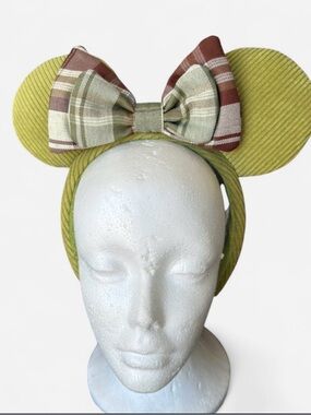 Disney Olive Green Corduroy Minnie Ears Headband with Plaid Bow
